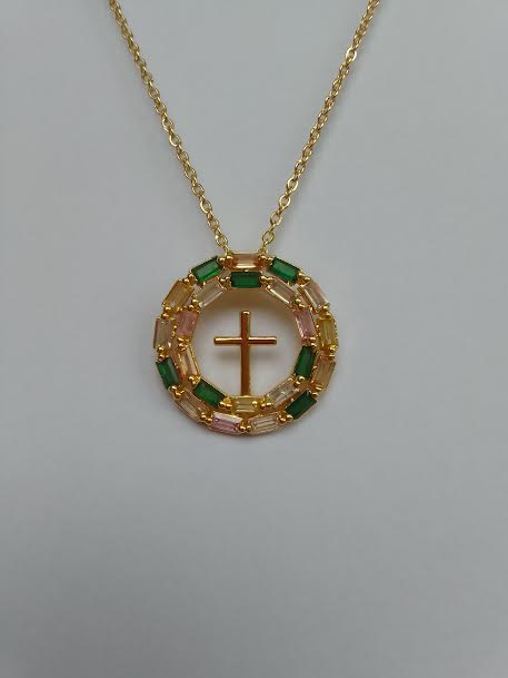 Pendentif Croix Cercle de Pierre (Avec Chaîne)